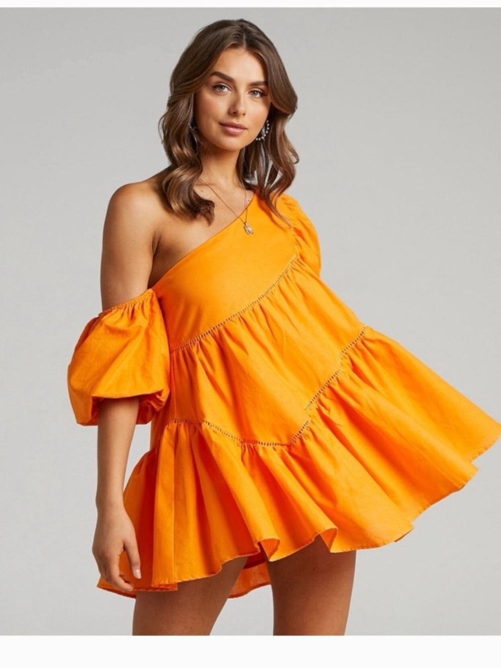 Showpo. Harleen Asymmetrical One-Shoulder Orange Tiered Puff-Sleeve Mini Dress 6